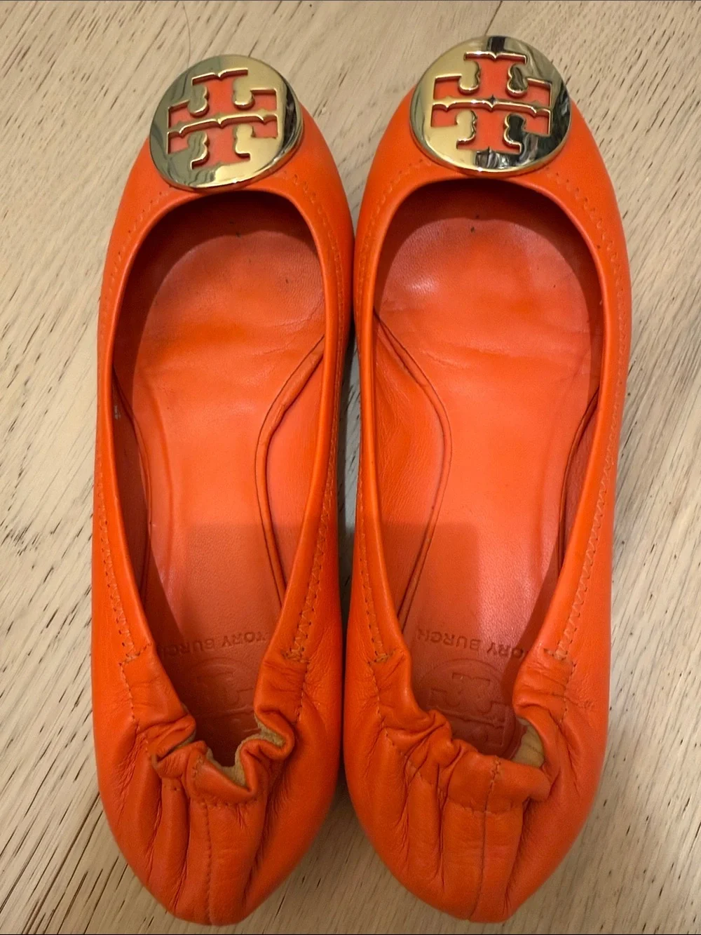 Tory Burch Bright Orange Leather Logo Ballet Flats